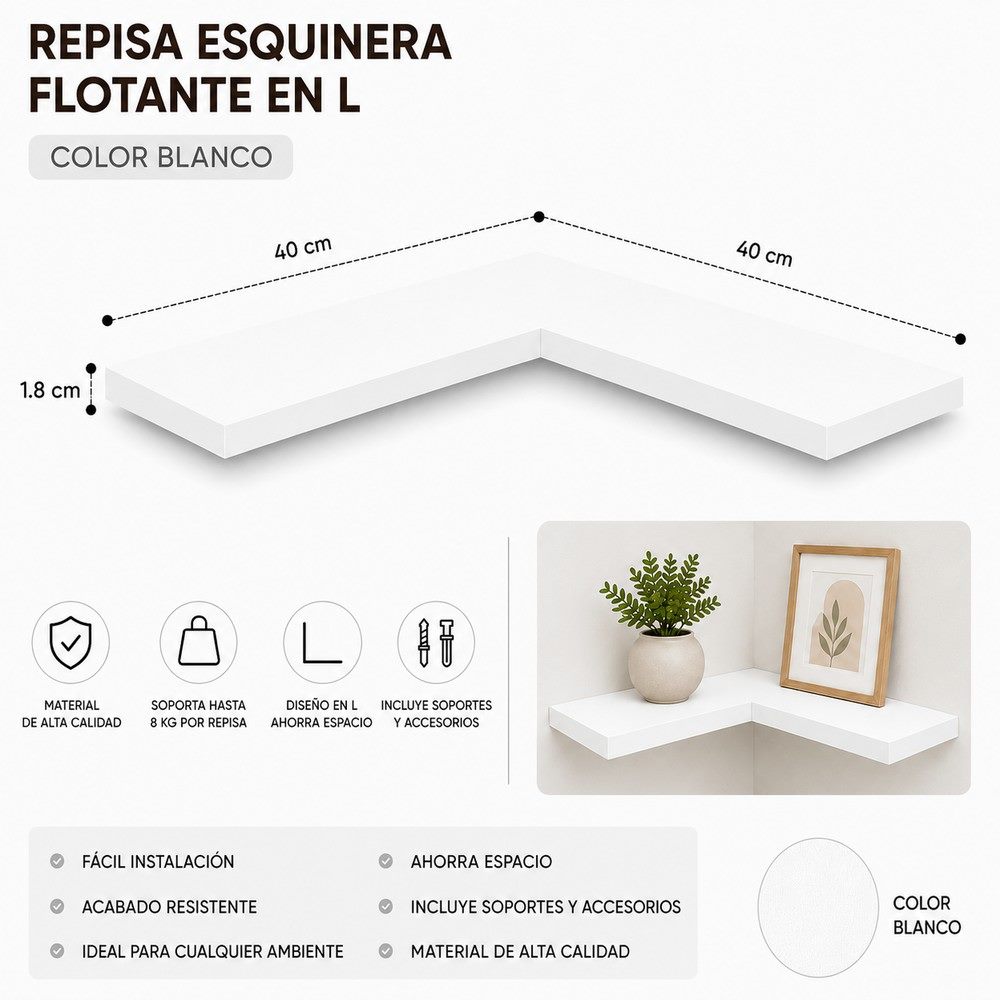 Repisa esquinera en L 40 × 40 cm de melamina, 40 × 40 cm, espesor 1,8 cm