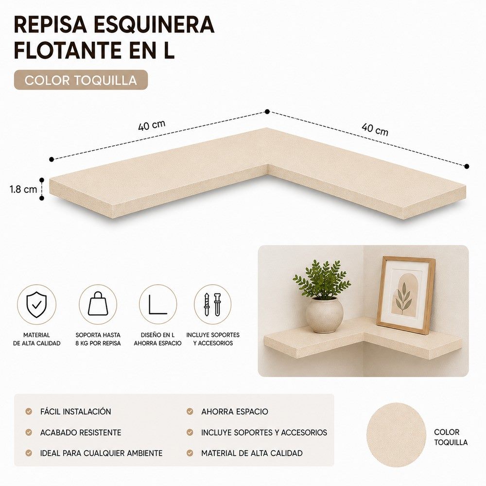 Repisa esquinera en L 40 × 40 cm, vista 2
