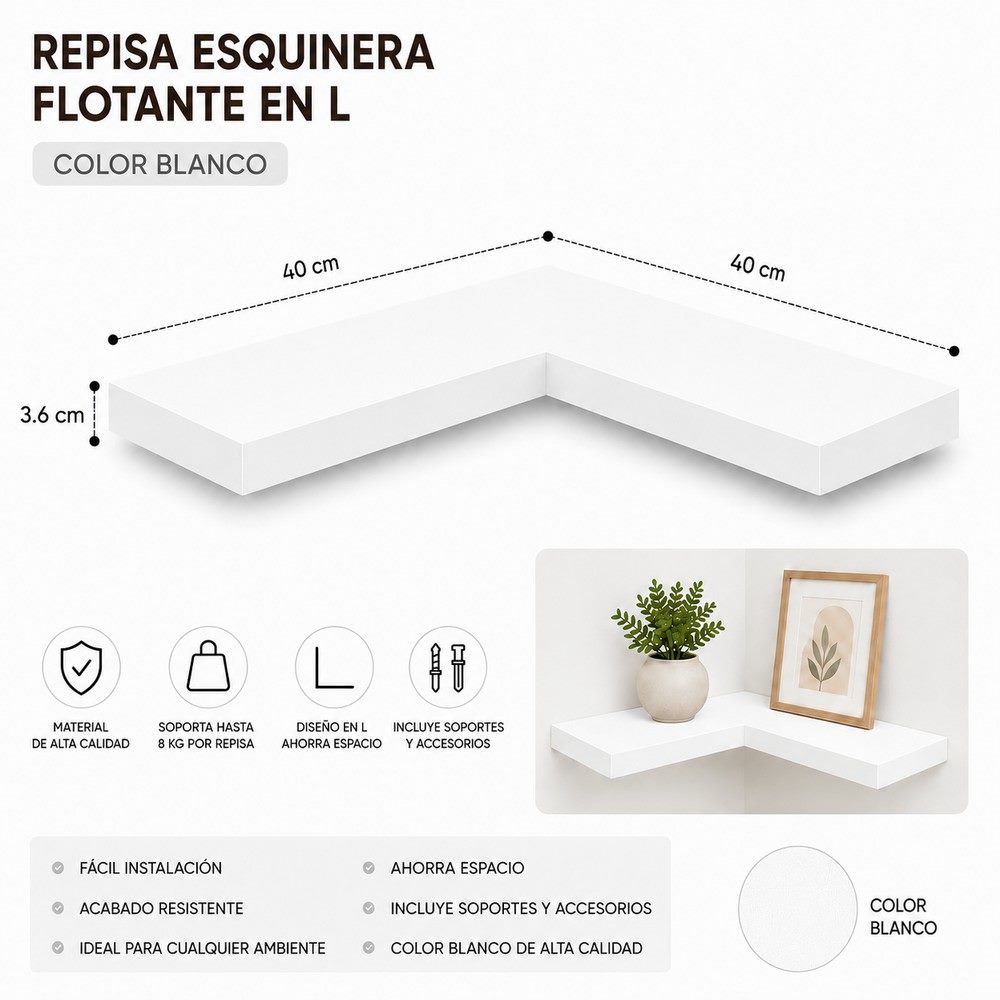 Repisa esquinera en L 40 × 40 cm de melamina, 40 × 40 cm, espesor 3,6 cm