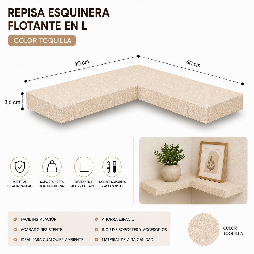 Repisa esquinera en L 40 × 40 cm, vista 2