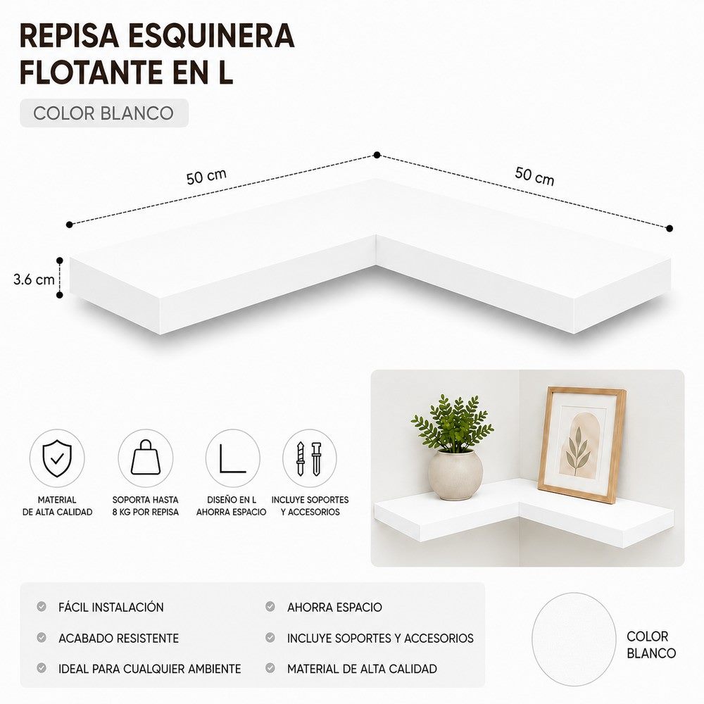 Repisa esquinera en L 50 × 50 cm de melamina, 50 × 50 cm, espesor 3,6 cm