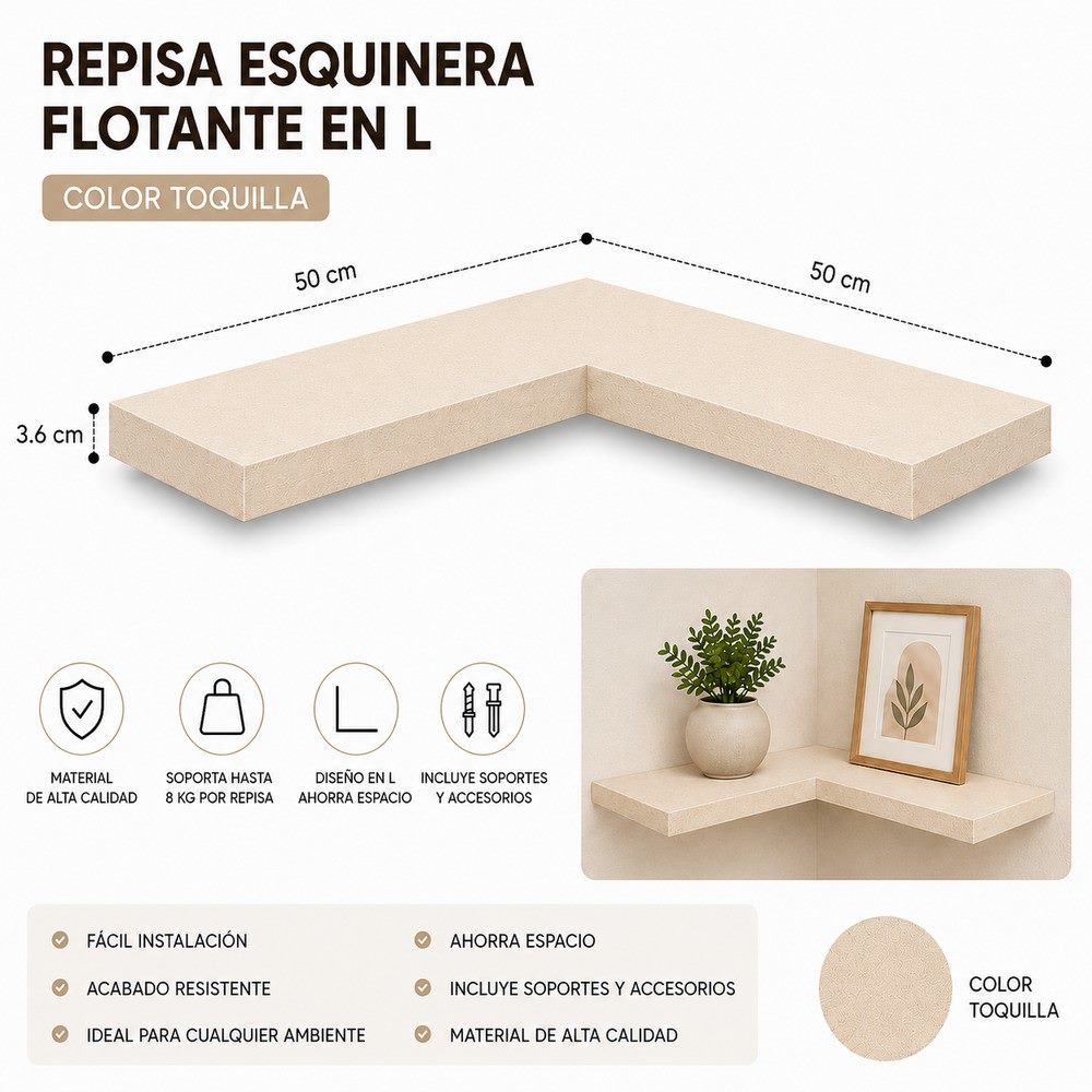 Repisa esquinera en L 50 × 50 cm, vista 2